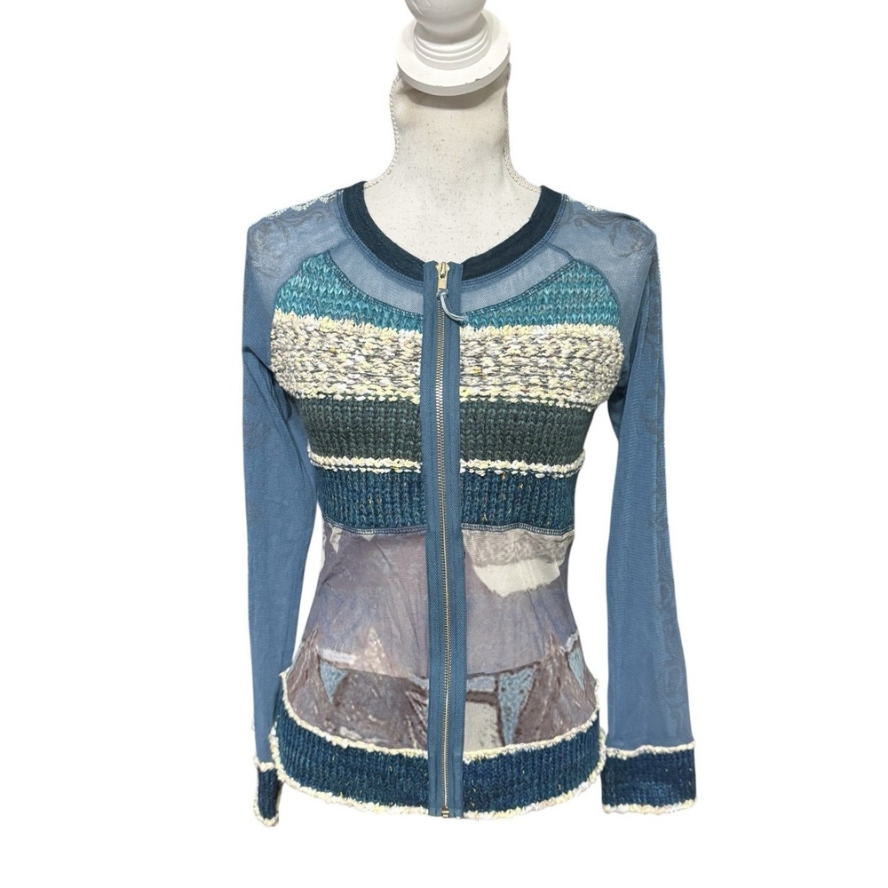 Vintage LULU-H Paris Lace Boho Knitted Zip-Up Cardigan Jacket Size M Y2K 90s